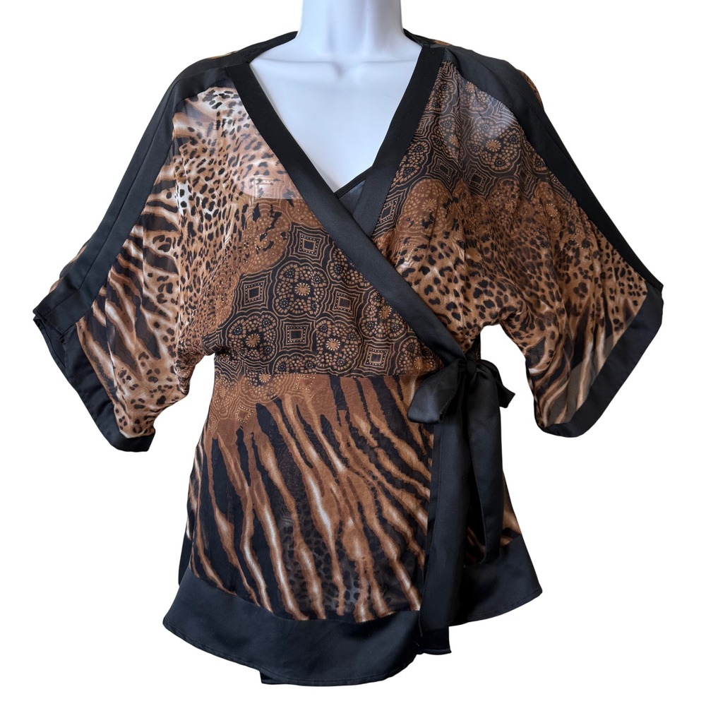 NYC Design Med Silk Animal Print‎ Wrap Blouse Medium Kimono Sleeve Tie Waist To
